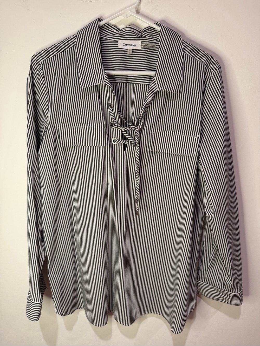 Calvin Klein Black and White Vertical Stripe Tie-Neck Shirt